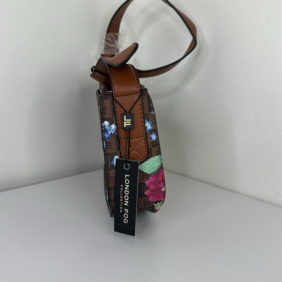 LONDON FOG Brown Iris Signature Shoulder Bag Floral Cognac Adjustable Strap - Picture 4 of 12
